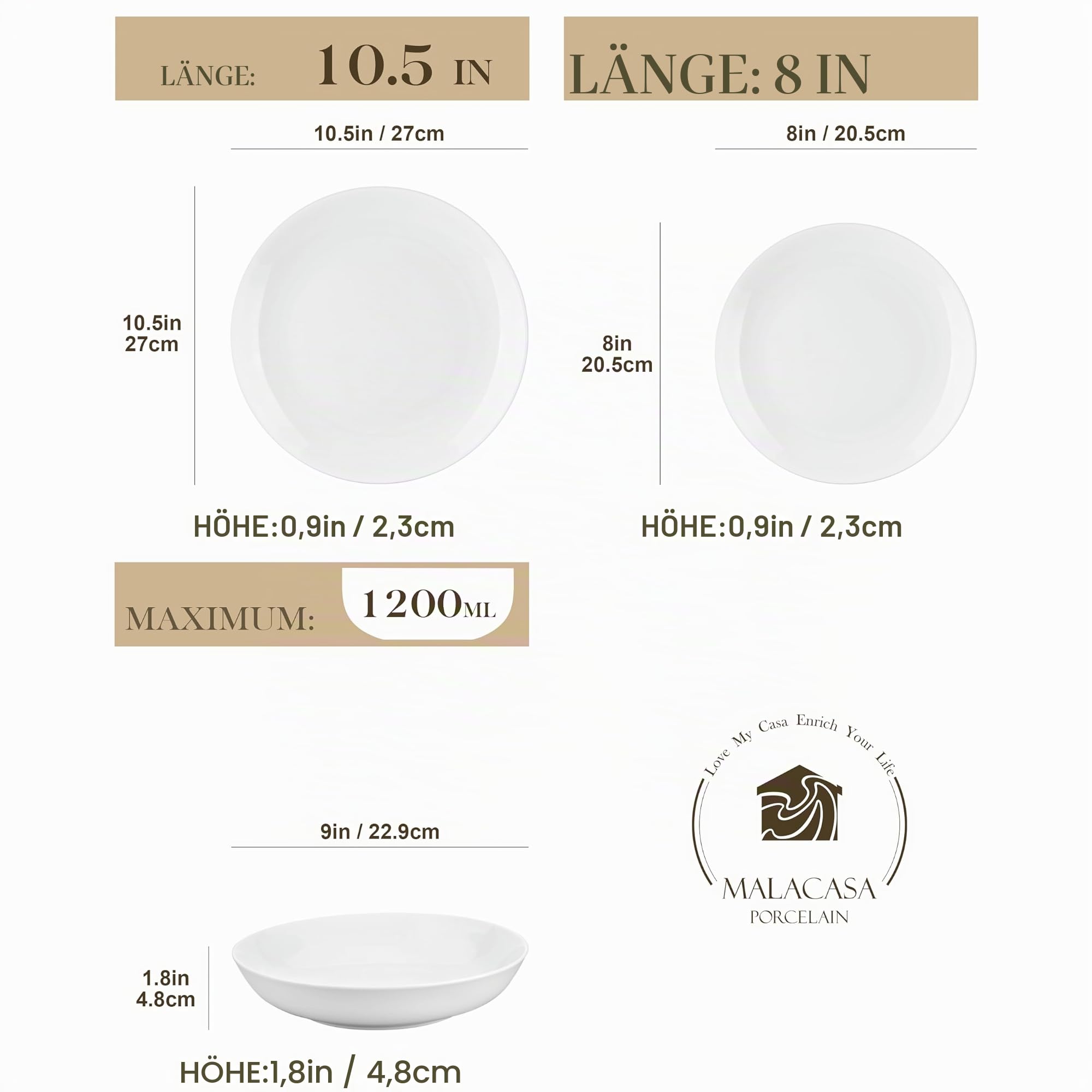 MALACASA Geschirrset 6-12 Personen, Amelia 18-tlg Modernes Porzellan Geschirr Set, Tafelservice mit je 6 Speiseteller, Dessertteller, Suppenteller Teller Set 6 Personen - Weiß