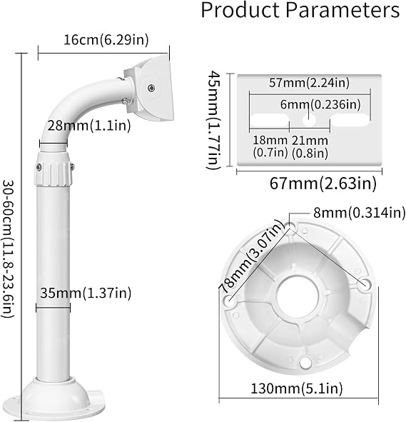 Extendable J-Pole Camera Mount Bracket, Telescopic Arm 30-60cm Adjustable for Security CCTV IP Cameras, Heavy Duty Metal Wall and Ceiling Mount Holder for Surveillance Systems, White