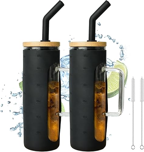 JAOBHAHY Vaso de 20 onzas con tapa y pajita, taza de café reutilizable, taza Boba, vasos para batidos, vaso de vidrio con cubierta de bambú y funda
