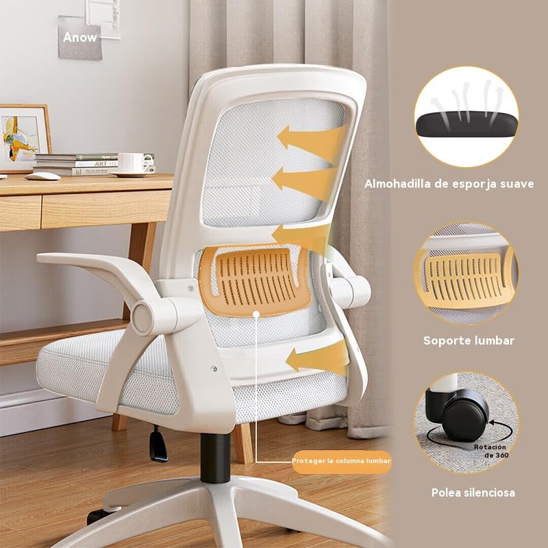 Silla de Oficina en Casa Ergónómica de Malla Transpirable - Respaldo Alto Ajustable en Altura,Giratoria con Reposabrazos Abatibles y Soporte Lumbar(Blanco)