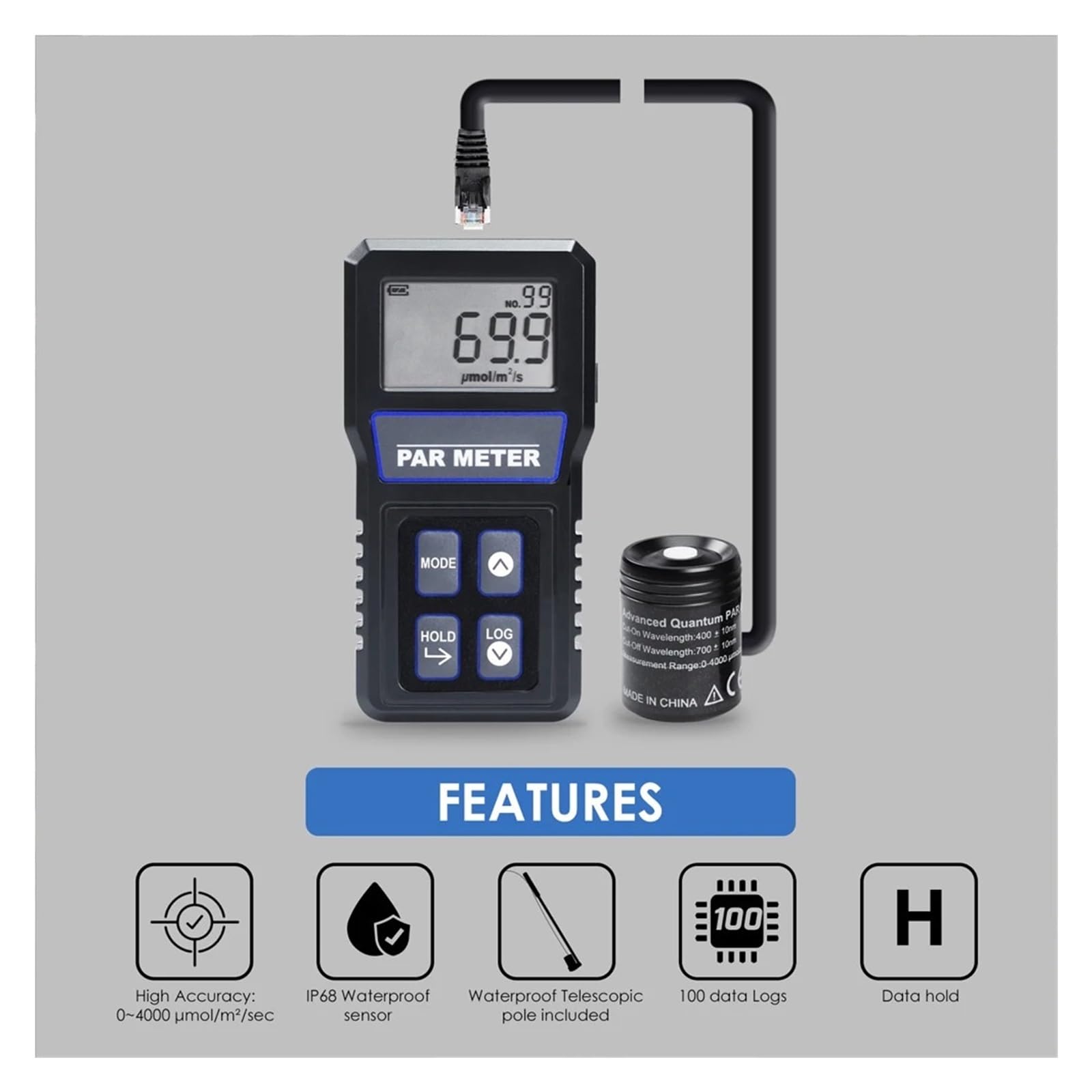 Espectrofotómetro, Medidor PAR Impermeable IP68 For Acuario, Tanque De Arrecife, Probador PPFD Espectro Completo, 400-700nm, Con Poste Telescópico, Medición Bajo El Agua