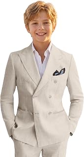 Boys Linen Suits 5 Pieces Summer Wedding Ring Bearer Kids Tuxedo | Formal Double Breasted Blazer, Flat Front Elastic Waist Pants with Shirt Tie and Bow Tie, Kids First Communion Easter Outfit