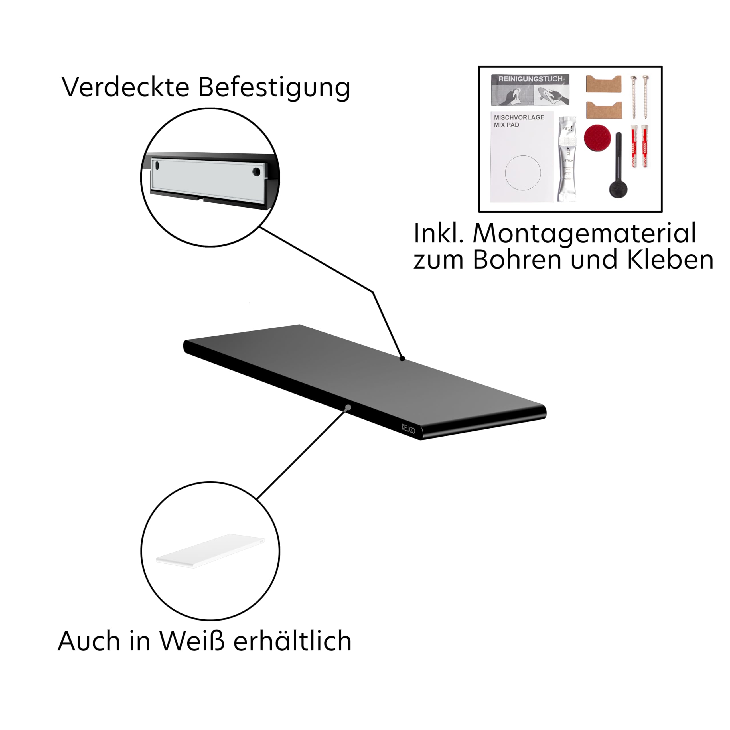Keuco Rose Duschablage 32,8 cm, ohne Bohren, Aluminium schwarz matt | Made in Germany, inkl. Klebeset und Schraubset, Duschregal zum Kleben oder Schrauben