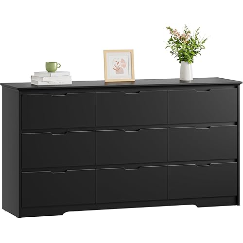 CARPETNAL 9 Drawer Black Dresser for Bedroom with Deep Drawers, Large Dressers & Chest of Drawers Handle Free, Modern Long Dressers for Closet Bedroom, Living Room (59.25" W x 15.9" D x 31.9" H)