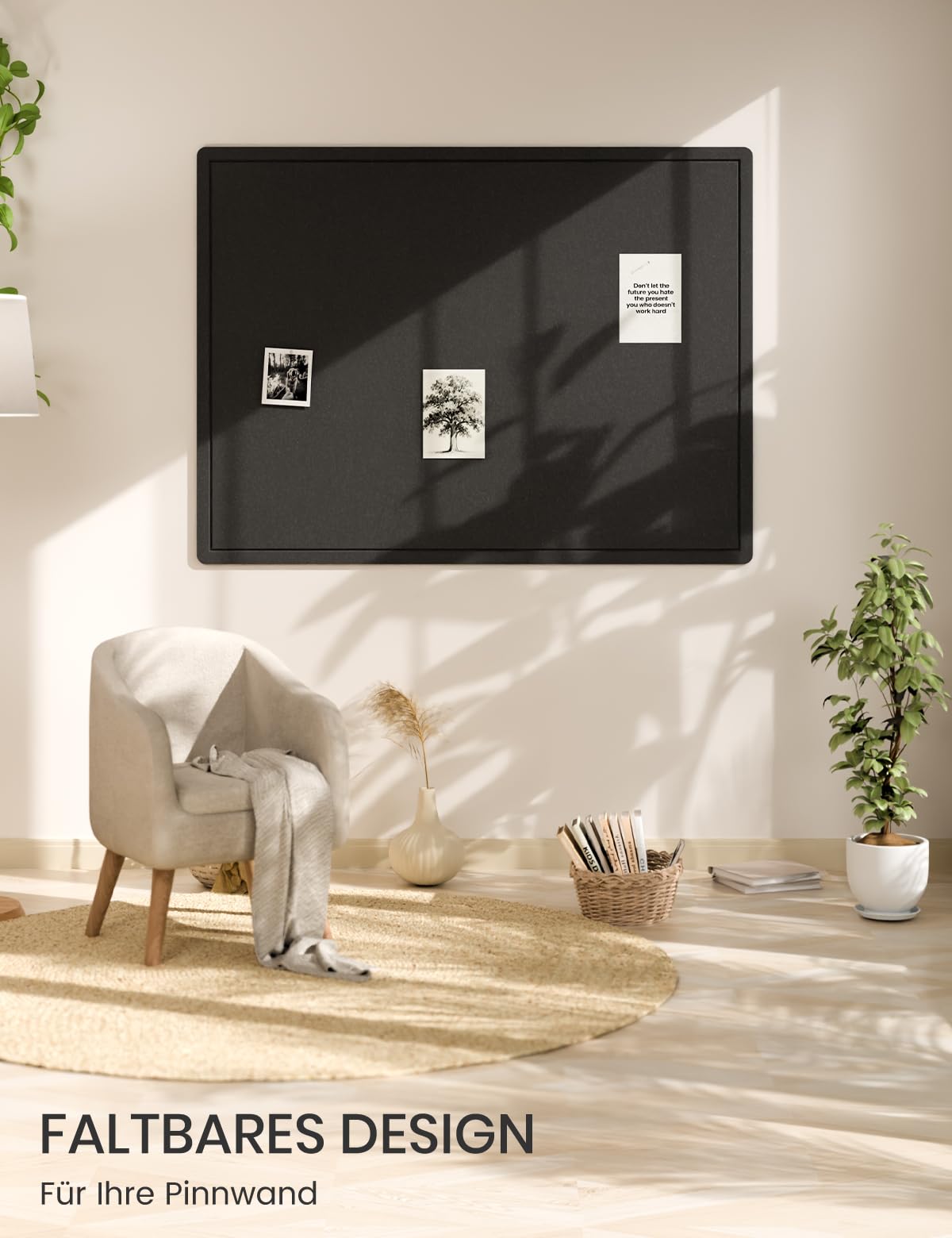 Fluxynara Filz Pinnwand 120 x 90 cm, Korktafel-Alternative mit 24 abnehmbaren Klebepads, faltbares Filz-Memoboard, Visionboard & Fotowand für Büro, Homeoffice, Kinderzimmer & Flur — Schwarz