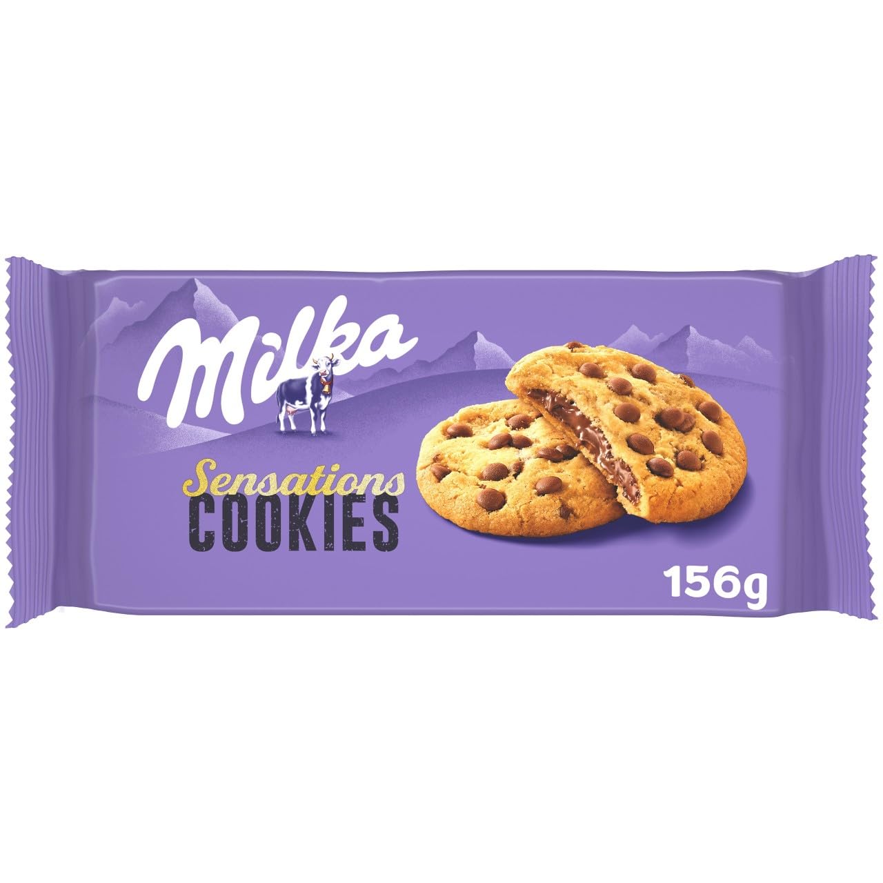 Milka Sensations Galleta Cookie con Pepitas de Chocolate con Leche, Relleno de Chocolate con Leche de los Alpes 156 g