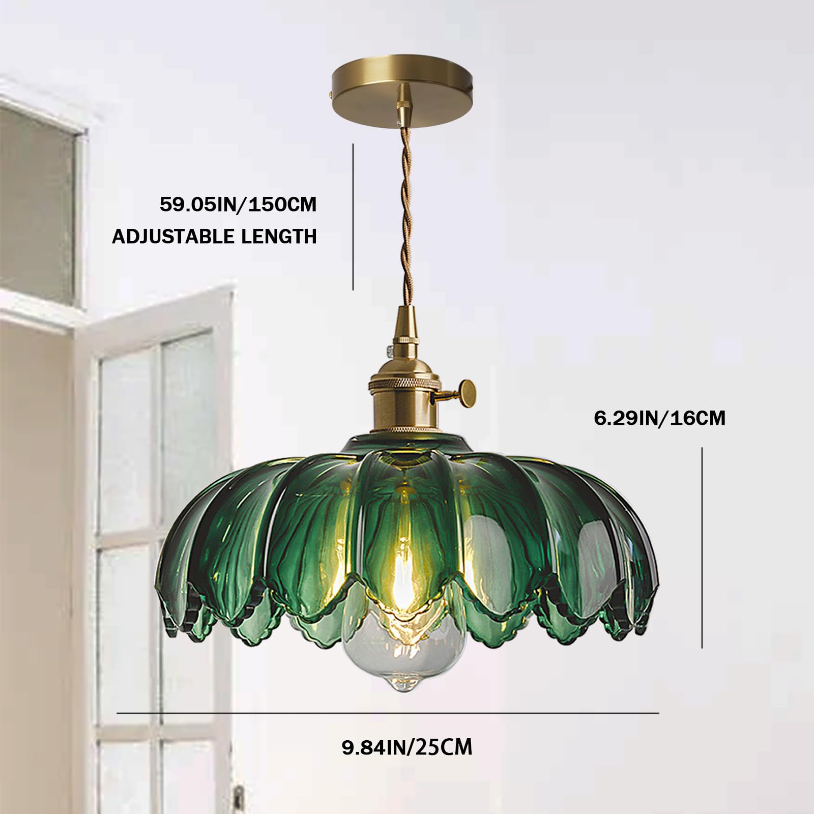 zhxinashu Lampada a Sospensione Verde Vetro, Lampadario Cucina Moderno | Lampada da Soffitto con Motivo Floreale in Vetro, Lampadina E27 Non Inclusa, Lampadario Verde per Camera da Letto e Soggiorno