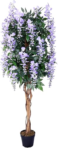 AMERIQUE Hermoso y único árbol de glicina artificial de lavanda de 5 pies con flores, tecnología de sensación real, con maceta de guardería