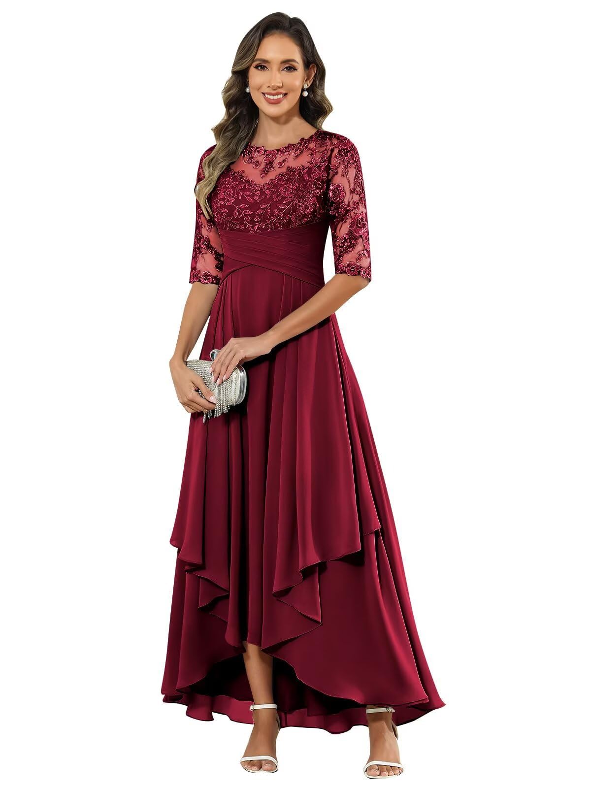 HUINI Brautmutter Kleid mit Ärmel Lang Chiffon Hi-Lo Elegant Abendkleid A-Linie Rüschen