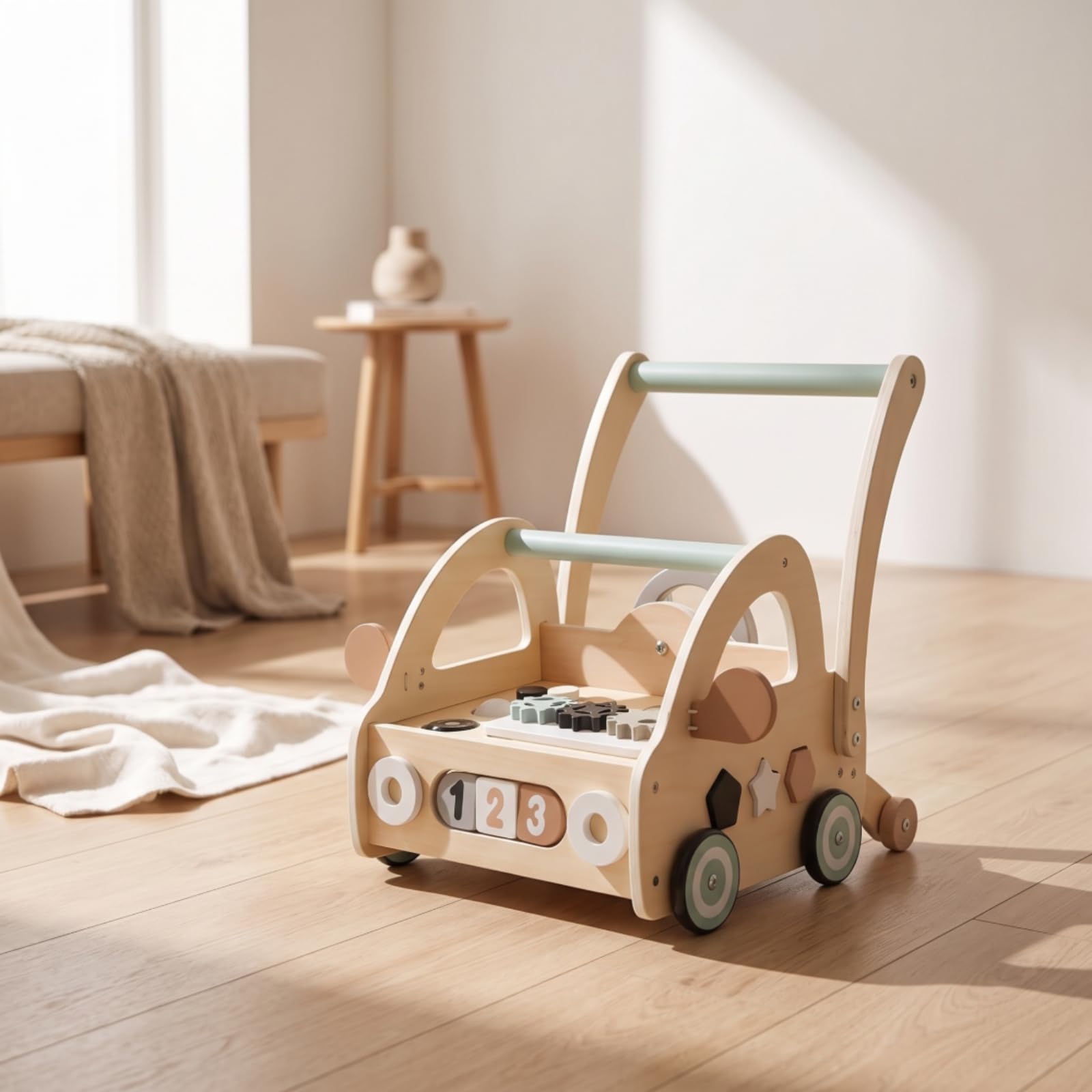 de Aprendizaje para Niños Carrito de Madera Caminador Infantil Carro de Empuje Centro de Actividades con Ruedas Estables y Bordes Redondeados Incluye