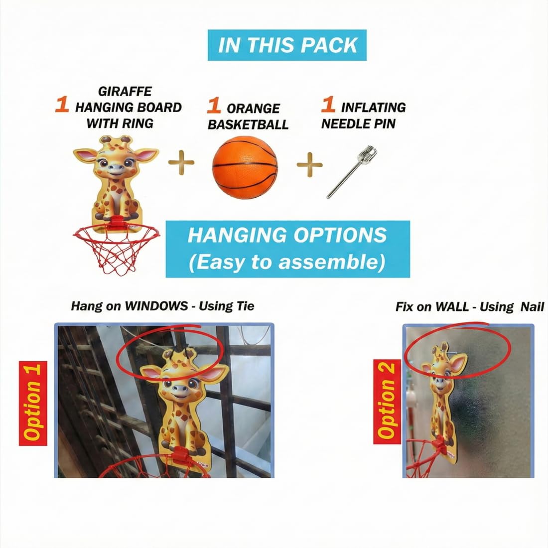 Asian Giraffe Wooden Basketball Board with Net & Ball | Indoor & Outdoor Kids Basketball Playset | Wall Mount Sports Toy for Boys & Girls | Skill Development Game