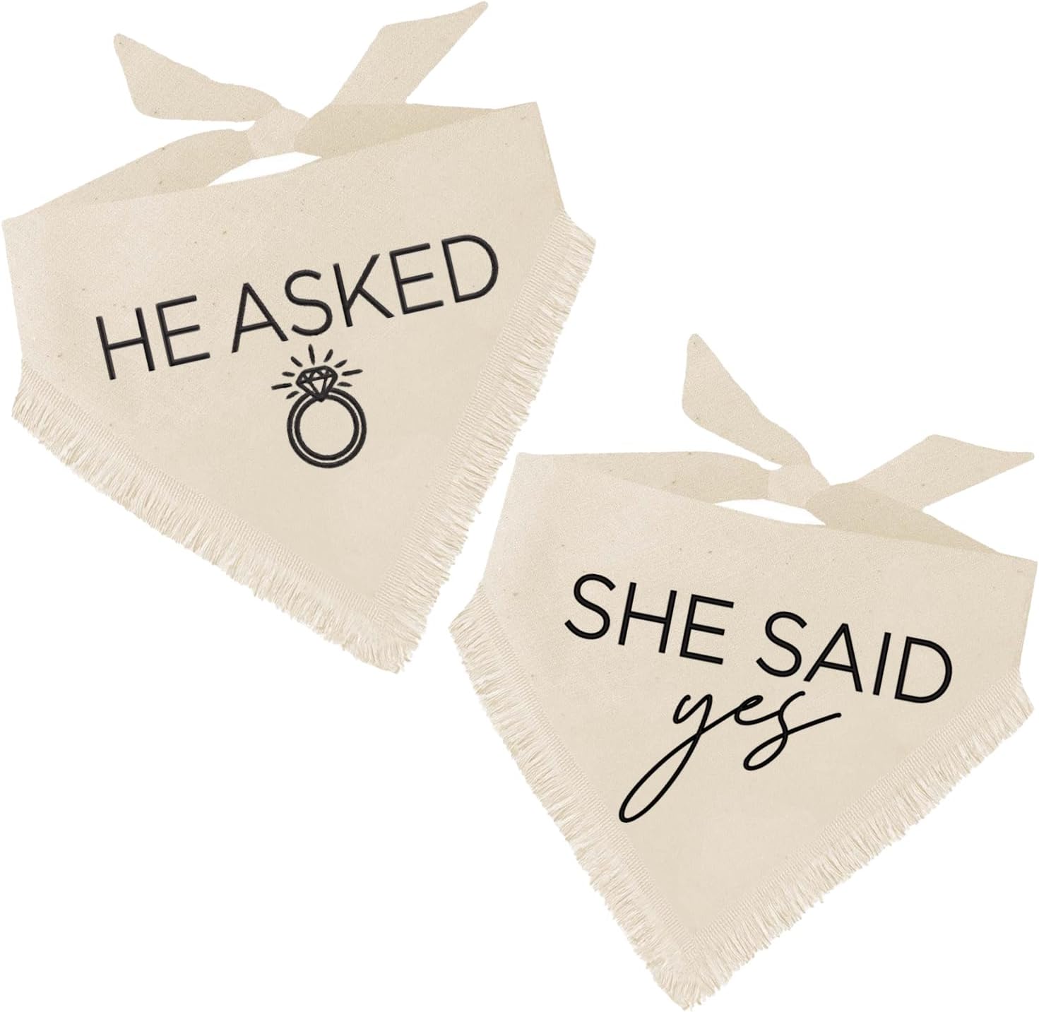 He Asked & She Said Yes ! Puff Printed Dog Bandana | Boho Fringe | 100% Unbleached Cotton | Wedding Photo Prop | Bridal Shower | Engagement Announcement |2 Pack | Natural, Trim 1 (1298 & 1299)