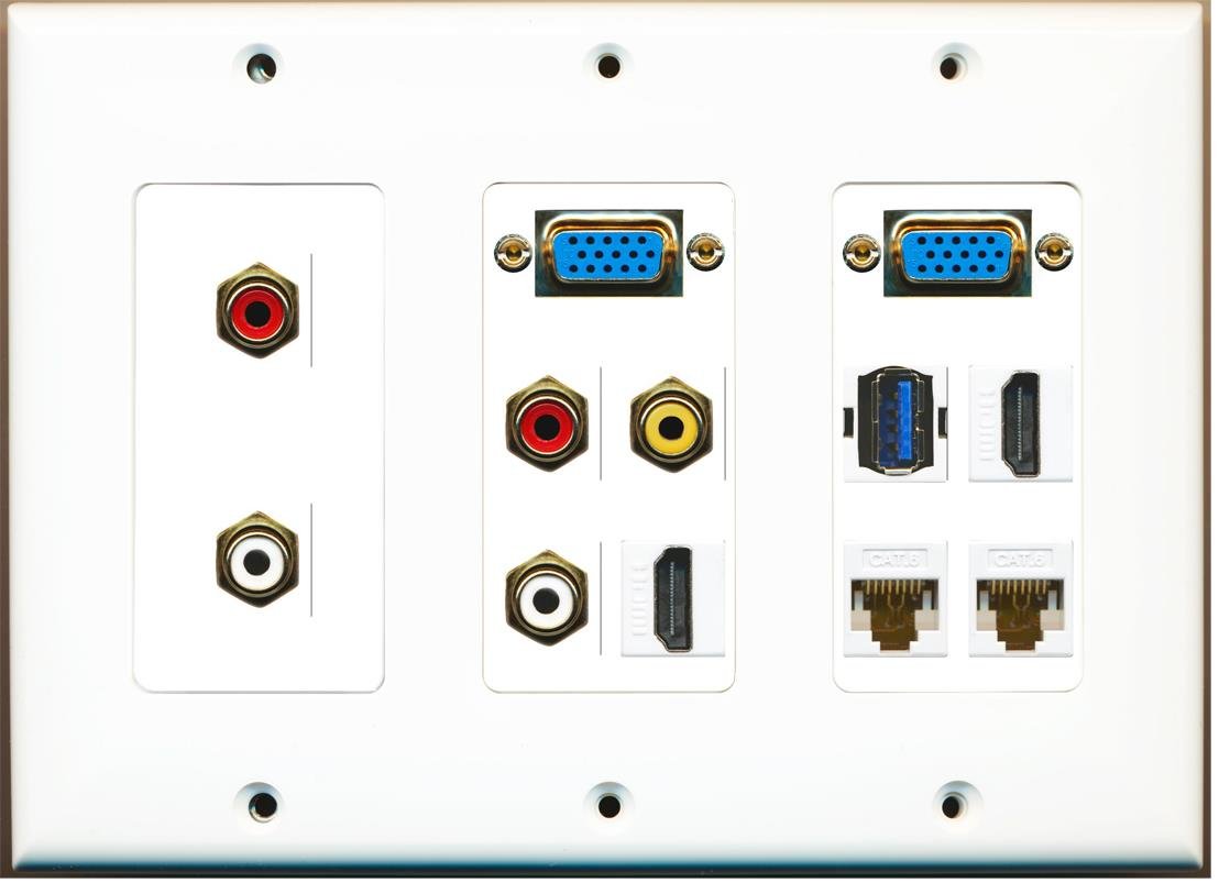 RiteAV - (3 Gang 2 Svga-HDMI-Cat6 + 2 RCA czerwony + biały RCA żółty USB 3 płyta ścienna biała