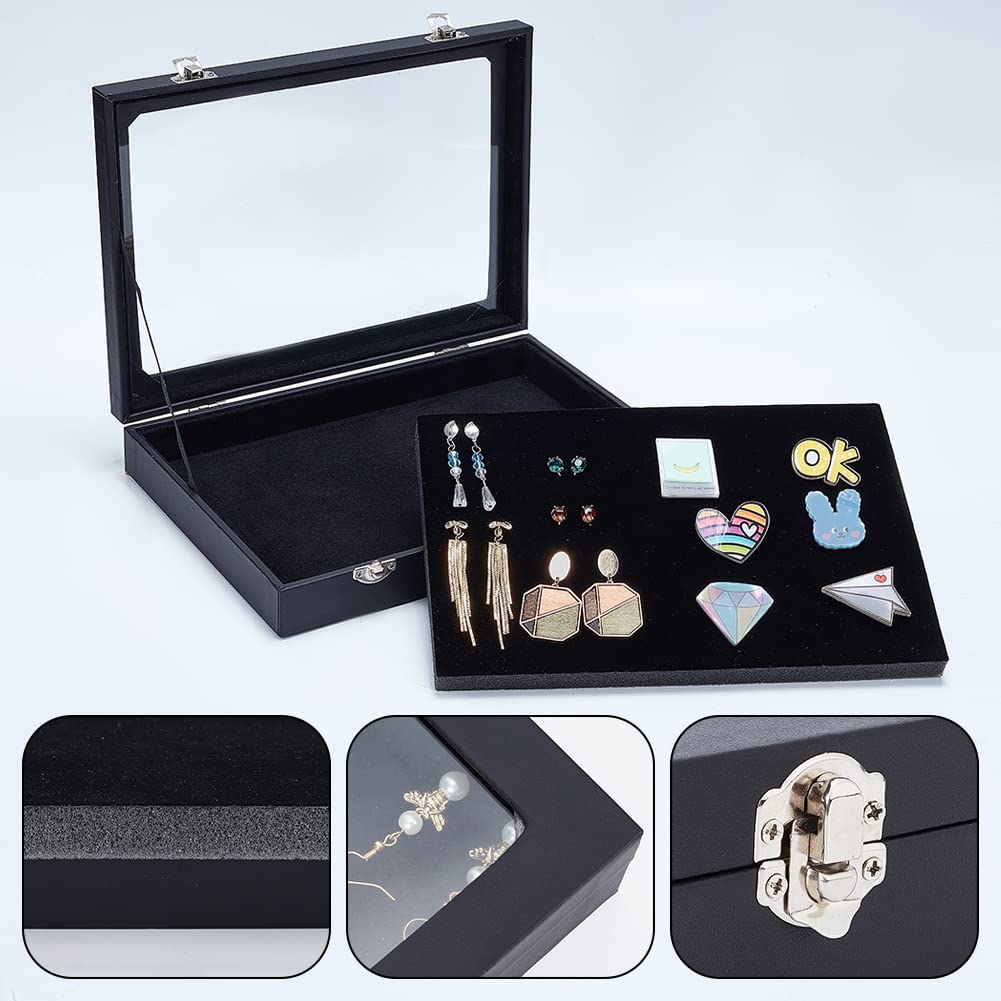 NBEADS Black Velvet Pin Display Case, 11x7.8x1.9 Inch Wall Hanging Brooch Jewelry Storage Case Wooden Presentation Boxes with Glass Window and Hangers for Coin Medals Pins Badges Display and Storage