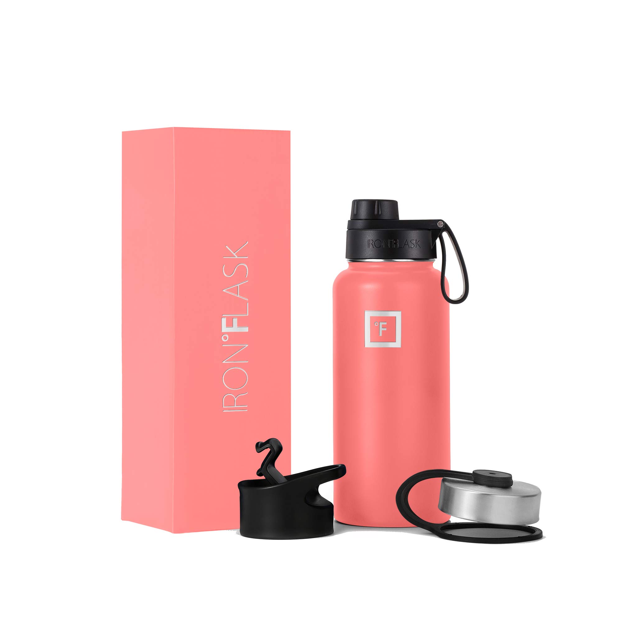 IRON °FLASK Sports Water Bottle - 3 Lids (Wide Spout Lid), Leak Proof - Stainless Steel Gym & Sport Bottles for Men, Women & Kids - Double Walled, Insulated Thermos, Metal Canteen - Peach, 32 Oz
