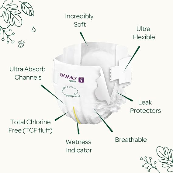Bambo Nature Premium Eco Nappies, Size 4 (15-31lb/7-14 kg), Maxi, 24PK, Eco-Labelled Sustainable Nappies, Enhanced Leakage Protection, Secure and Comfortable Baby Nappy