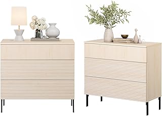 WAMPAT 30.2" Tall Fluted Nightstands Set of 2 with 3 Large Drawers, Mid Century Nightstand End Table with Hidden Handle, Wooden Bedside Table with Storage for Bedroom, Beige