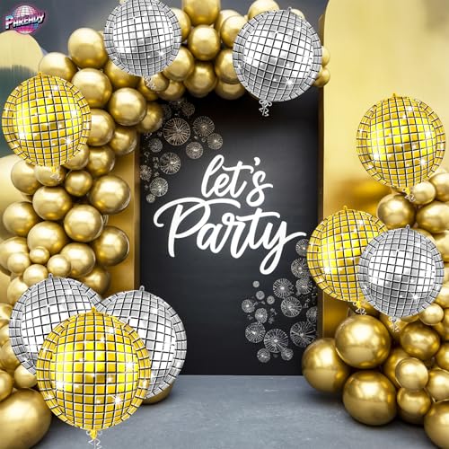 Image of 6pcs 22 Inch Gold Silver Disco Ball Balloons, Silver and Gold Big Disco Balloons, 4d Large Foil Aluminum Balloon For Birthday Baby Shower 70s 80s 90s Theme Party Wedding Engagement Graduation Decor