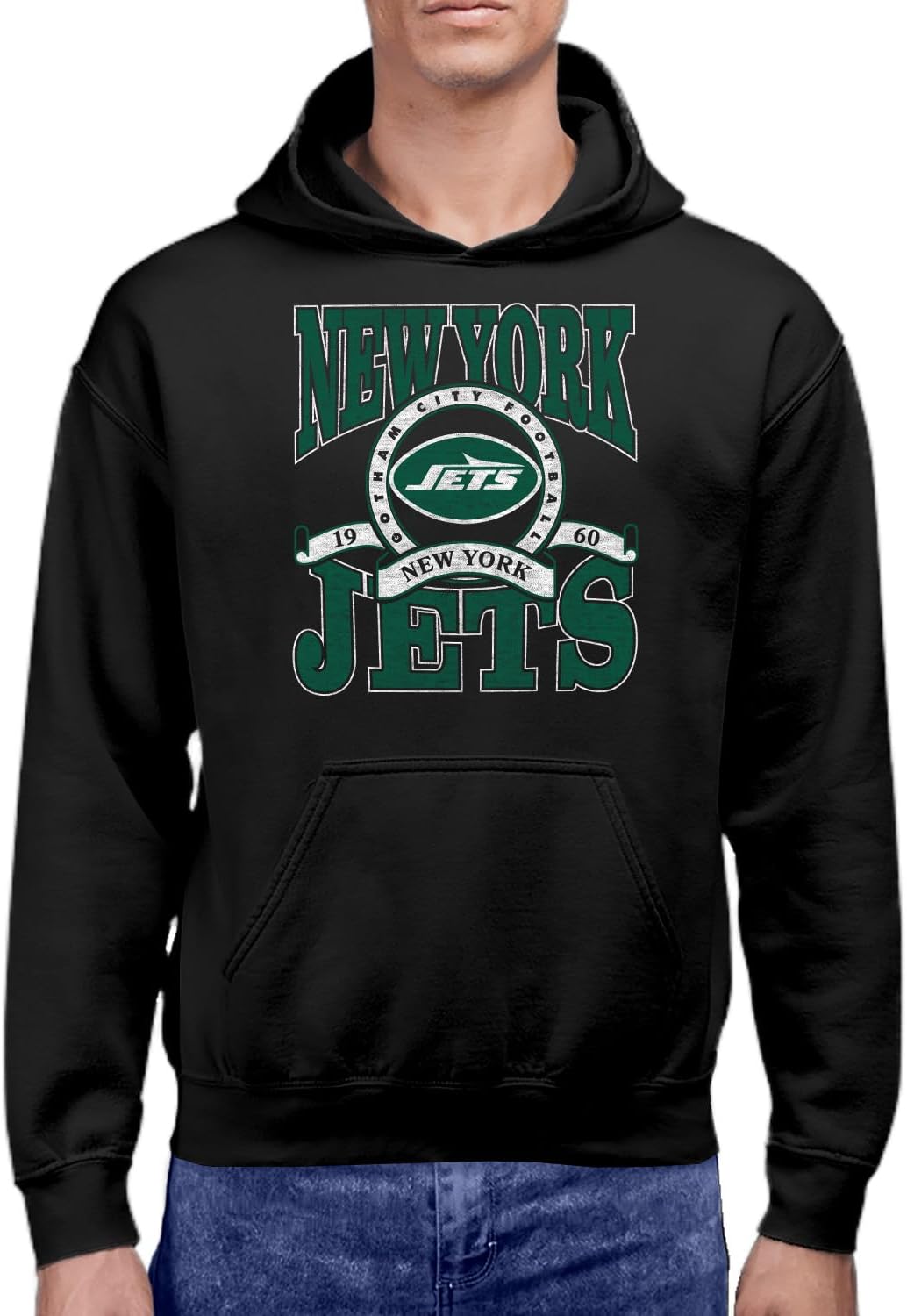 Hybrid Sports NFL - New York Jets - Stacked Banner Circle - Men's and Women's Pullover Hooded Fleece Sweatshirt - Size Medium - BLACK