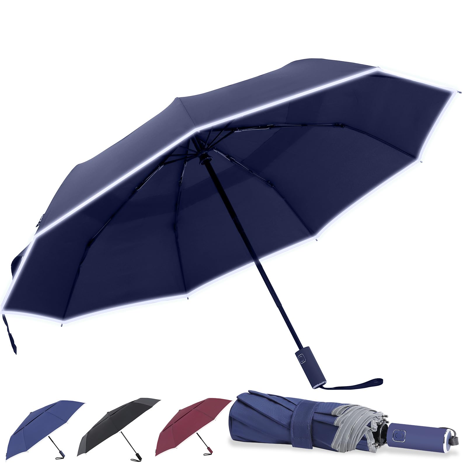 Chinos Paraguas Plegable Antiviento para Hombre y Mujere, Paraguas de Plegado Automático con Doble Toldo Ventilado, Franjas Reflectantes y Apertura/Cierre Automático