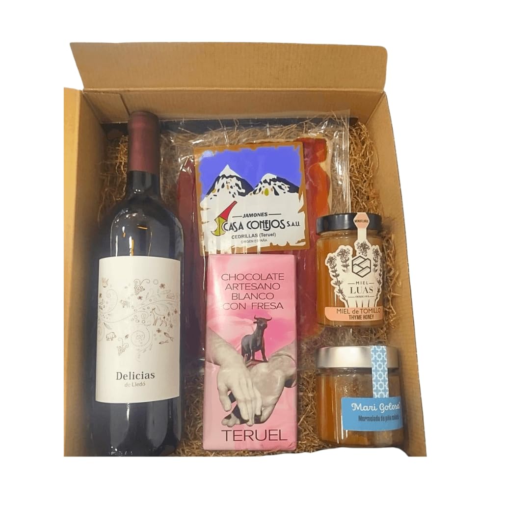 Lotes de Navidad Gourmet para Regalo con Jamón Serrano - Miel de Tomillo - Mermelada - Vino tinto y Chocolate