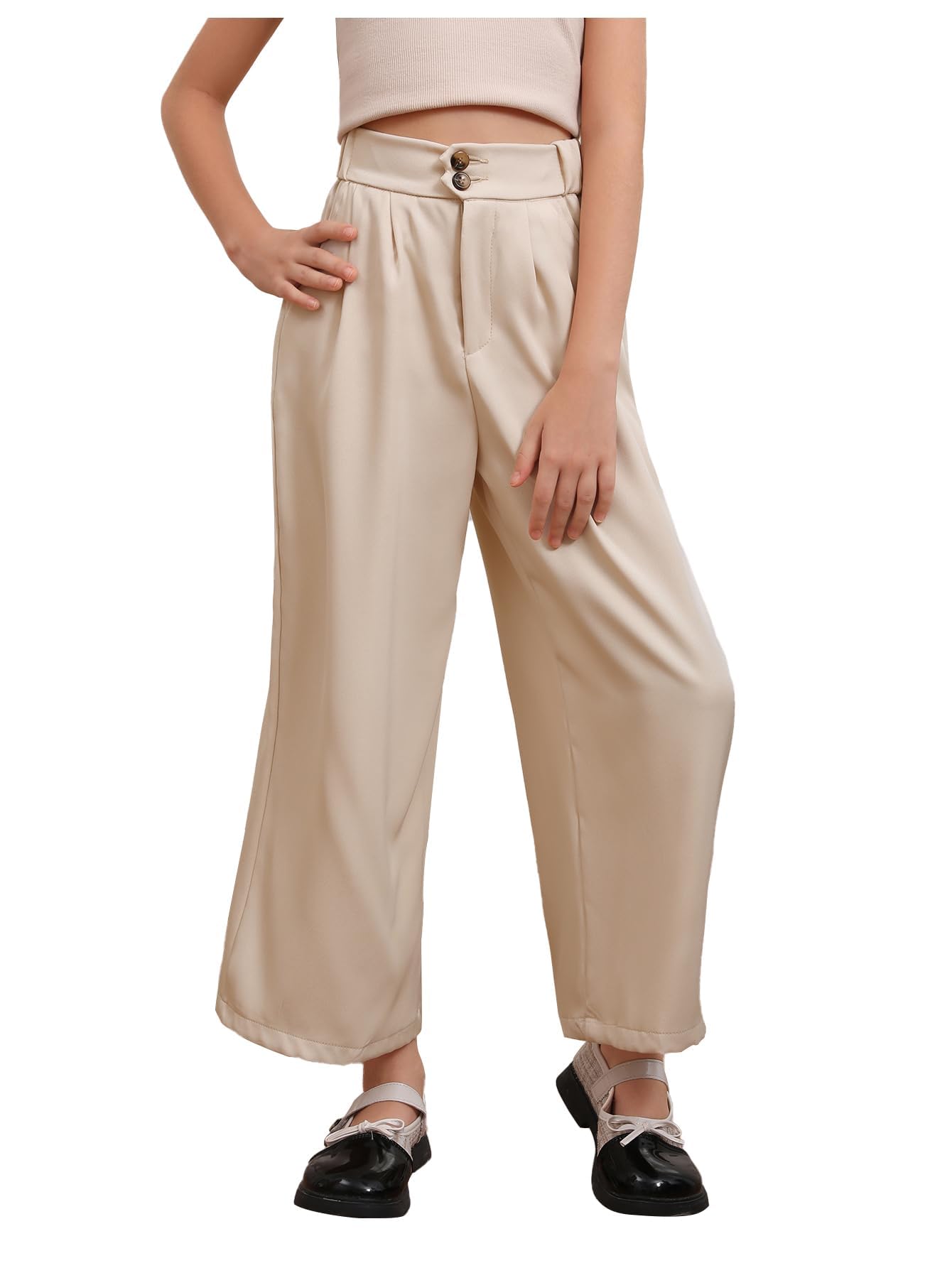 OYOANGLE Girl's Pleated Wide Leg Pants Button Zipper Fly High Waisted Long Trousers with Pocket