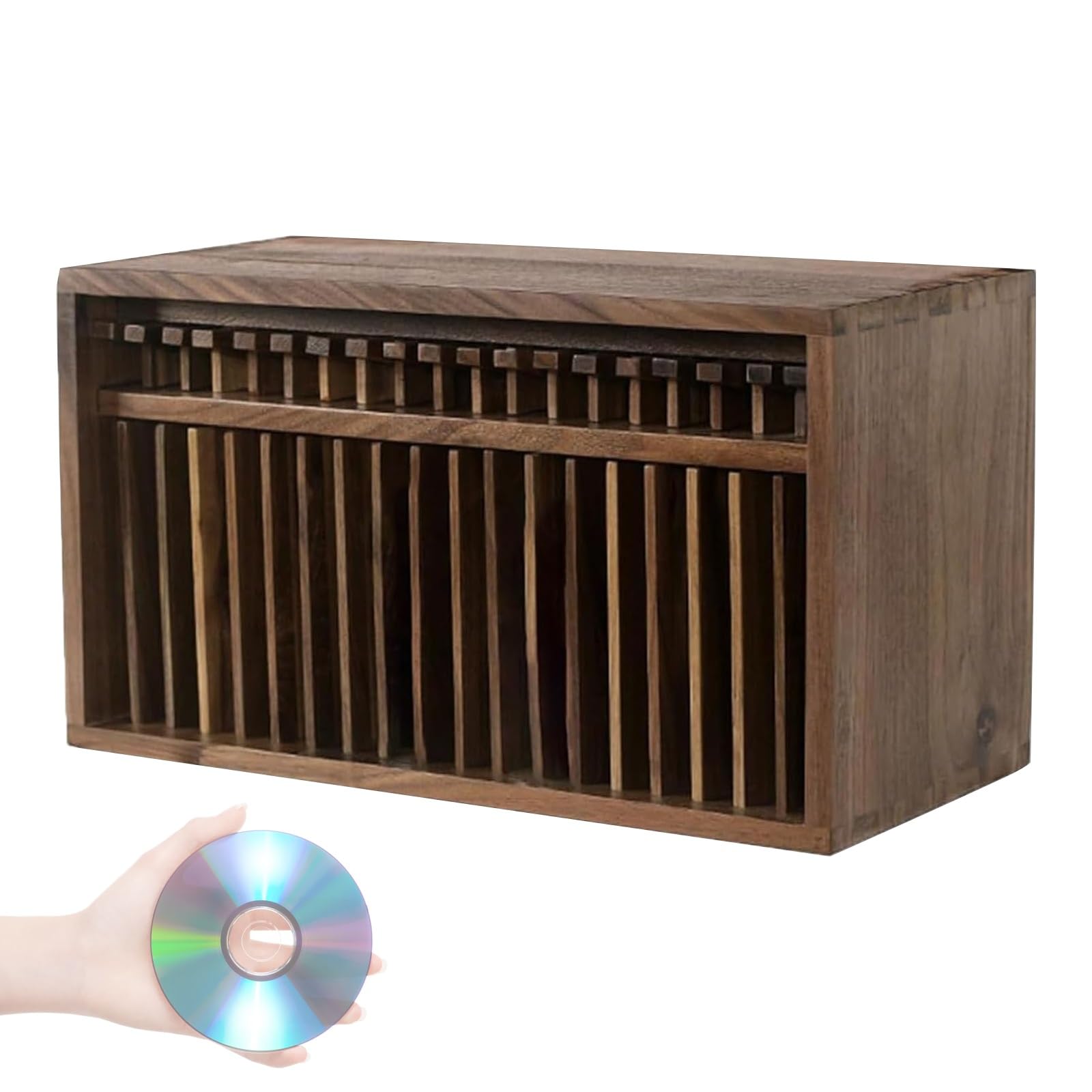 Supporto per CD, in legno, con pulsante pop-up, capacità 19 CD, organizer vintage per DVD, decorazione domestica e sala teatro