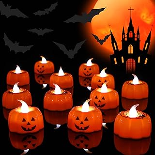 12 Pieces Halloween Pumpkin Tea Lights Candles with 24 Pieces Bat Stickers Flickering Ghost Face Candles Flameless Tea Lights Candles LED Battery Operated Tea Lights for Halloween Indoor Outdoor Decor