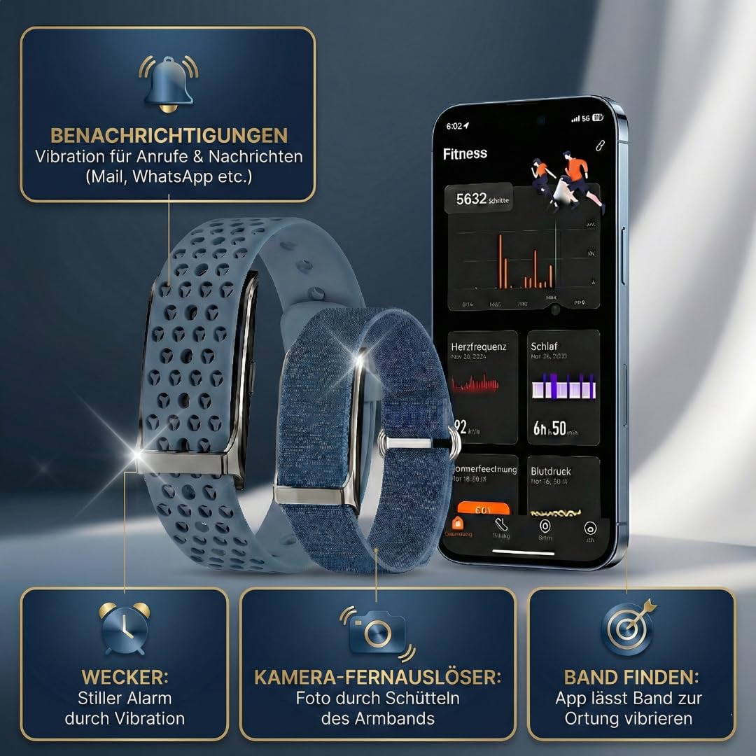 Smartband Fitness Tracker Premium (ohne Display) | Inkl. 2 Armbänder | Schrittzähler, Puls & Schlaf etc. | 20 Tage Akku, IP68 Wasserdicht | Damen & Herren | Android & iOS
