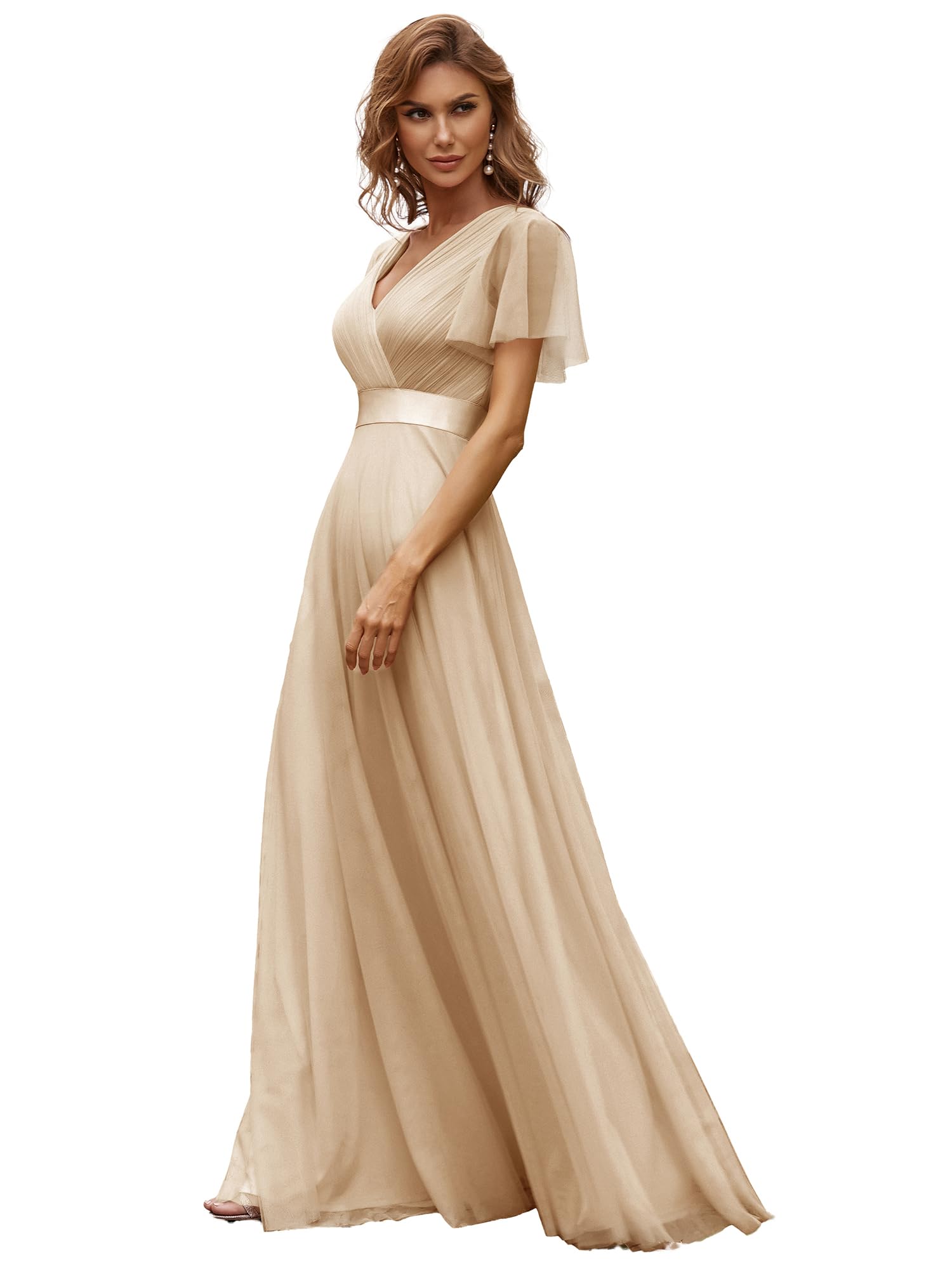 Ever-Pretty Women's Mother of Bride Dress Double V-Neck Empire Waist Front Wrap Tulle Bridesmaid Dress 07962