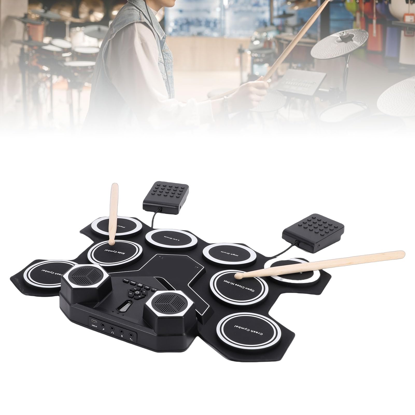Set di Batteria per Esercitazione MIDI con 2 Pedali, Batteria Elettronica Ricaricabile per Bambini e Adolescenti, Kit in Silicone Leggero