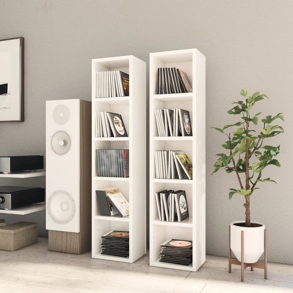 vidaXL CD-Regal, 2er-Set, 21x16x93,5 cm, Hochglanz Weiß, Holzwerkstoff, Vitrinenschrank mit Fach, Aufbewahrungsschrank für Wohnzimmer, Bücherregal, CD-Aufbewahrung, Media Organizer