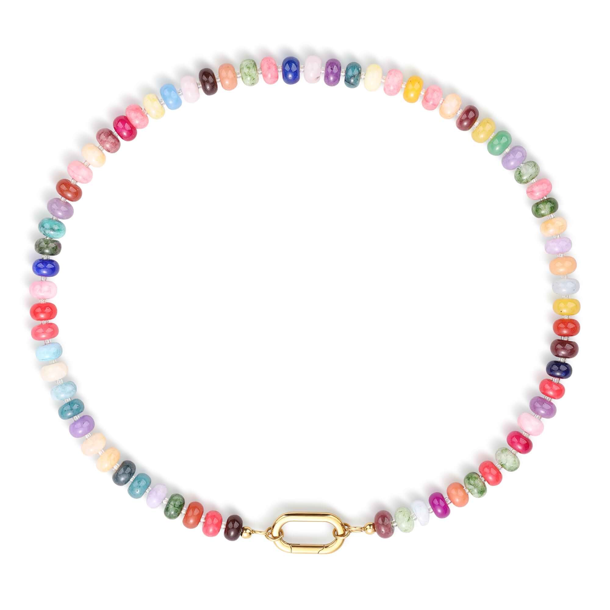 SAMYA Colorful Beaded Necklace for Women, 18" Short Beaded Choker Necklace 8x5mm Polished Beads, Rainbow Chakra-Inspired Jewelry with 22mm Gold Oval Spring Clasp