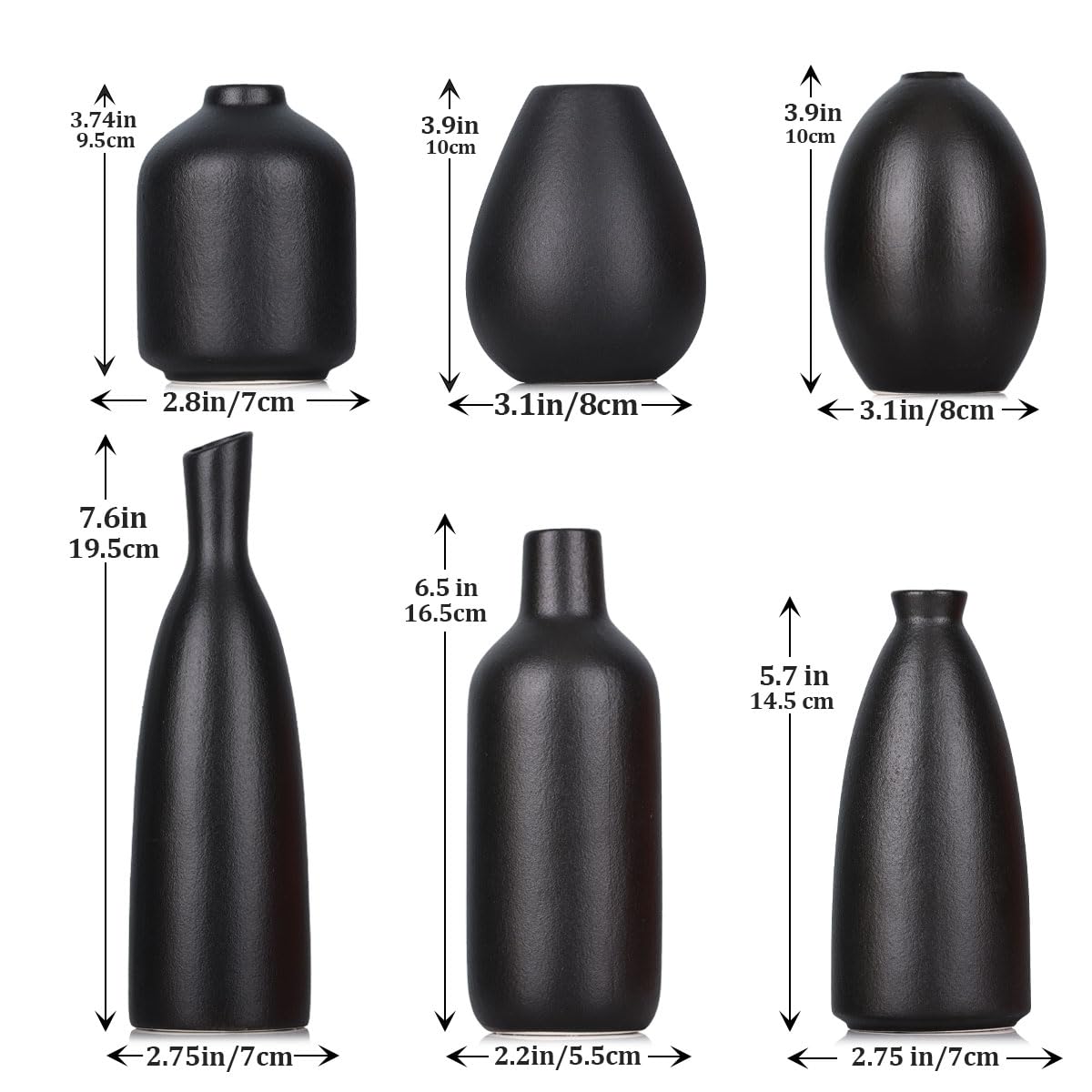 Set di 6 vasi in ceramica nera con gemme, decorazione per casa colonica, caminetto, mantello e mensola, casa per soggiorno, ingresso, bagno, cucina e ufficio, decorazione per tavolino da caffè