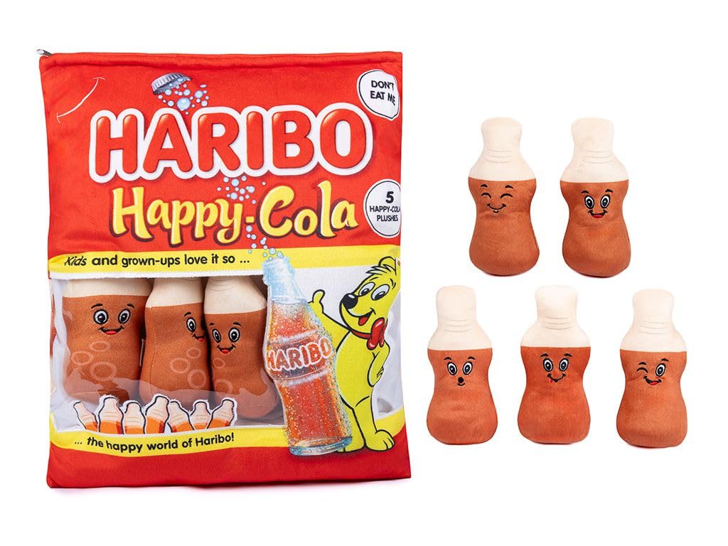 Haribo Sweets Snack Bag, Plushie Pillow Friends, Squeeze Fidget Toy - Share With Your Friends, 5 Plushies Per Pack, Pretend Imaginative Play, Gift 3+ (Happy Cola)