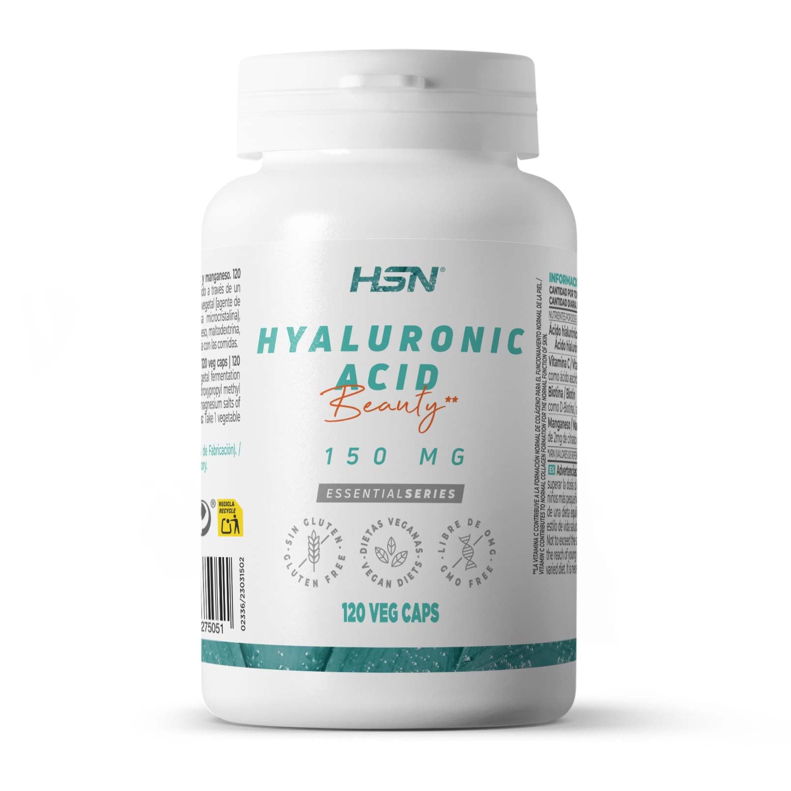 HSN Ácido Hialurónico 150mg por cápsula de Alto Peso Molecular | 120 Cápsulas Vegetales en forma de ácido hialurónico sódico para mayor estabilidad | No-GMO, Vegano, Sin Gluten