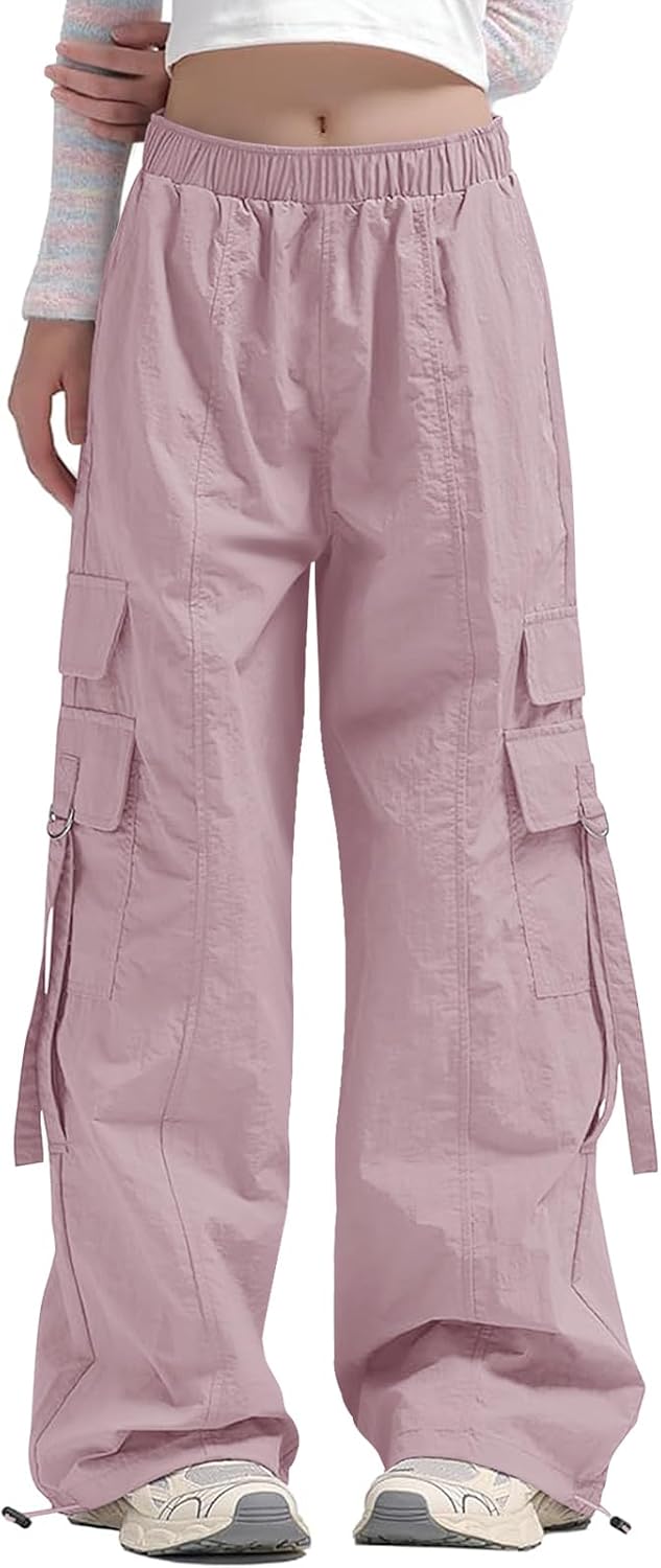 Haloumoning Girls Parachute Pants Kids Wide Leg Cargo Pants Y2K Street Trousers with Pockets 5-14 Years