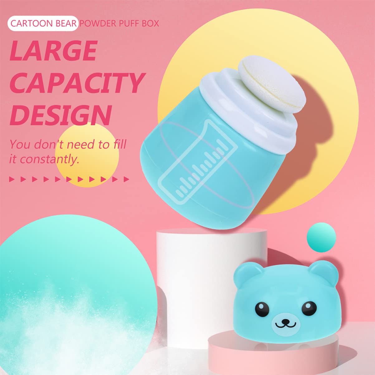 VICASKY 2Pcs Powder Puff Case Cartoon Bear Shape Powder Container with Leak Design for Talcum Powder and Loose Powder for Travel