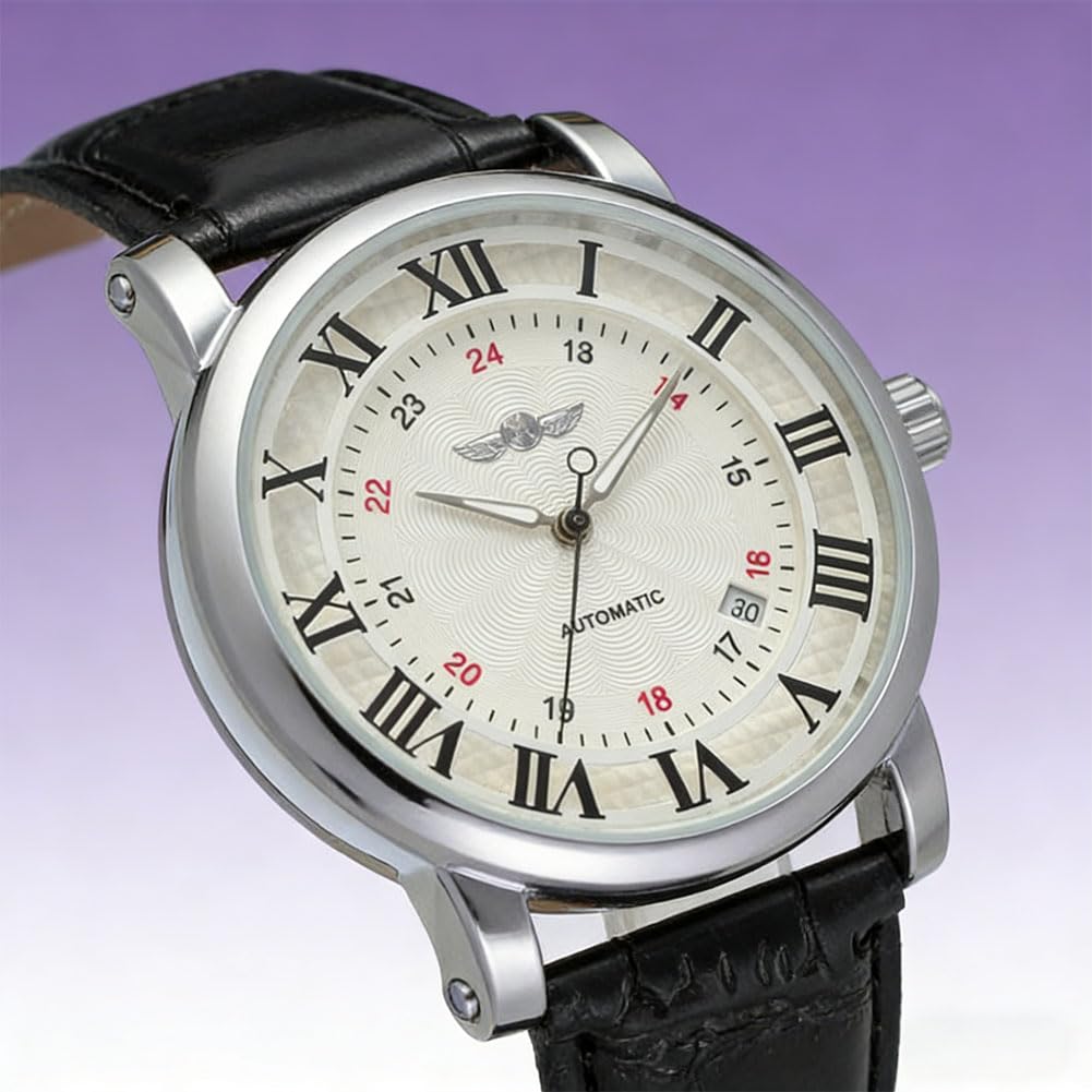AMONIDA Orologio Meccanico Automatico da Uomo, Orologio con Quadrante con Numeri Romani, Cinturino in Pelle PU con Design da da Polso, Ideale per la Famiglia e gli Amici