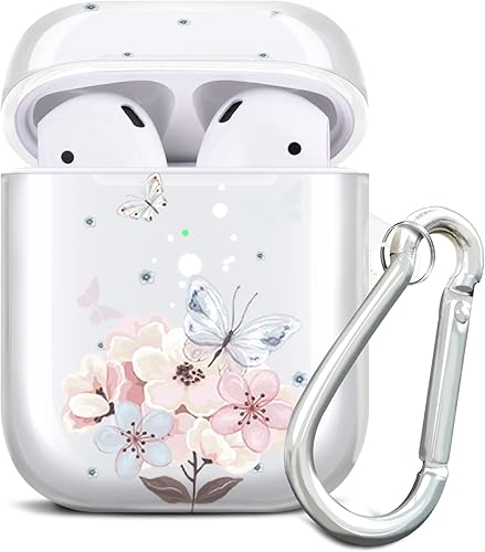 JAHOLAN Funda transparente con diseño de mariposa, suave, a prueba de golpes, con llavero para mujeres y niñas, compatible con AirPods de 1 y 2