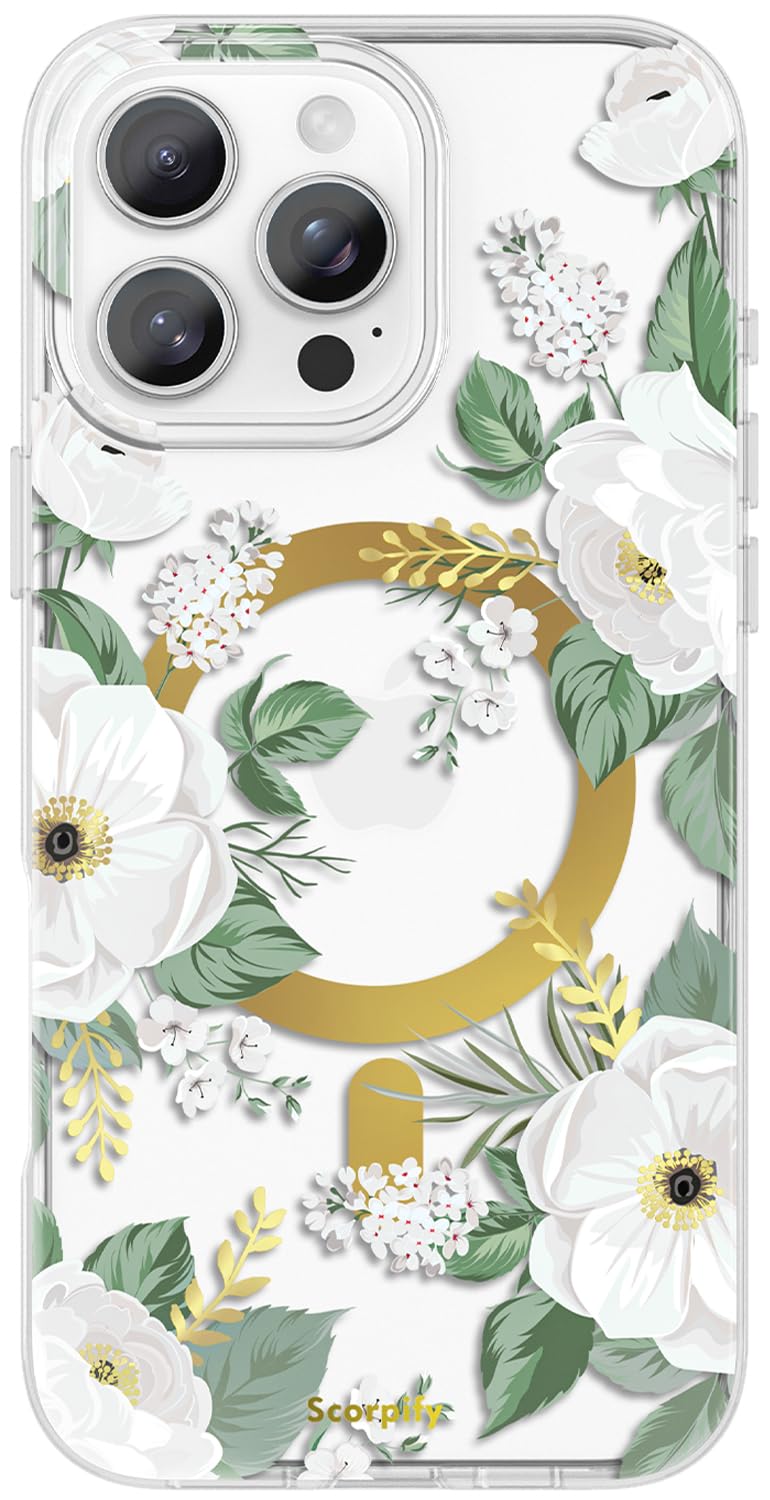 SCORPIFY for iPhone 16 Pro Case [Compatible with MagSafe] with White Rose Floral Design, Cute Clear Flower Magnetic Phone Cover for Women Girls, [Non