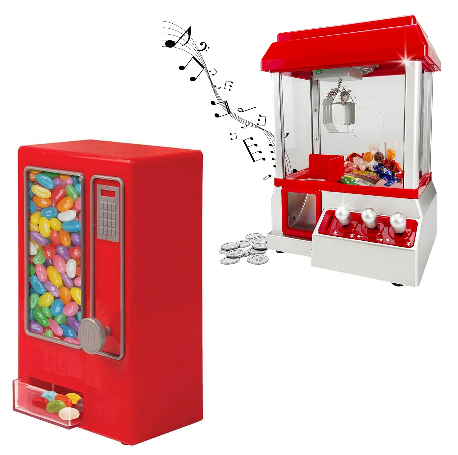 Candy Grabber & Vending Machine Bundle - For Kids Parties, Retro Fun Arcade Claw Crane Game Dispenser Grab Gadget Prize | For Treats, Chocolate, Sweets | 24 Coins, Novelty Gift For Xmas Party