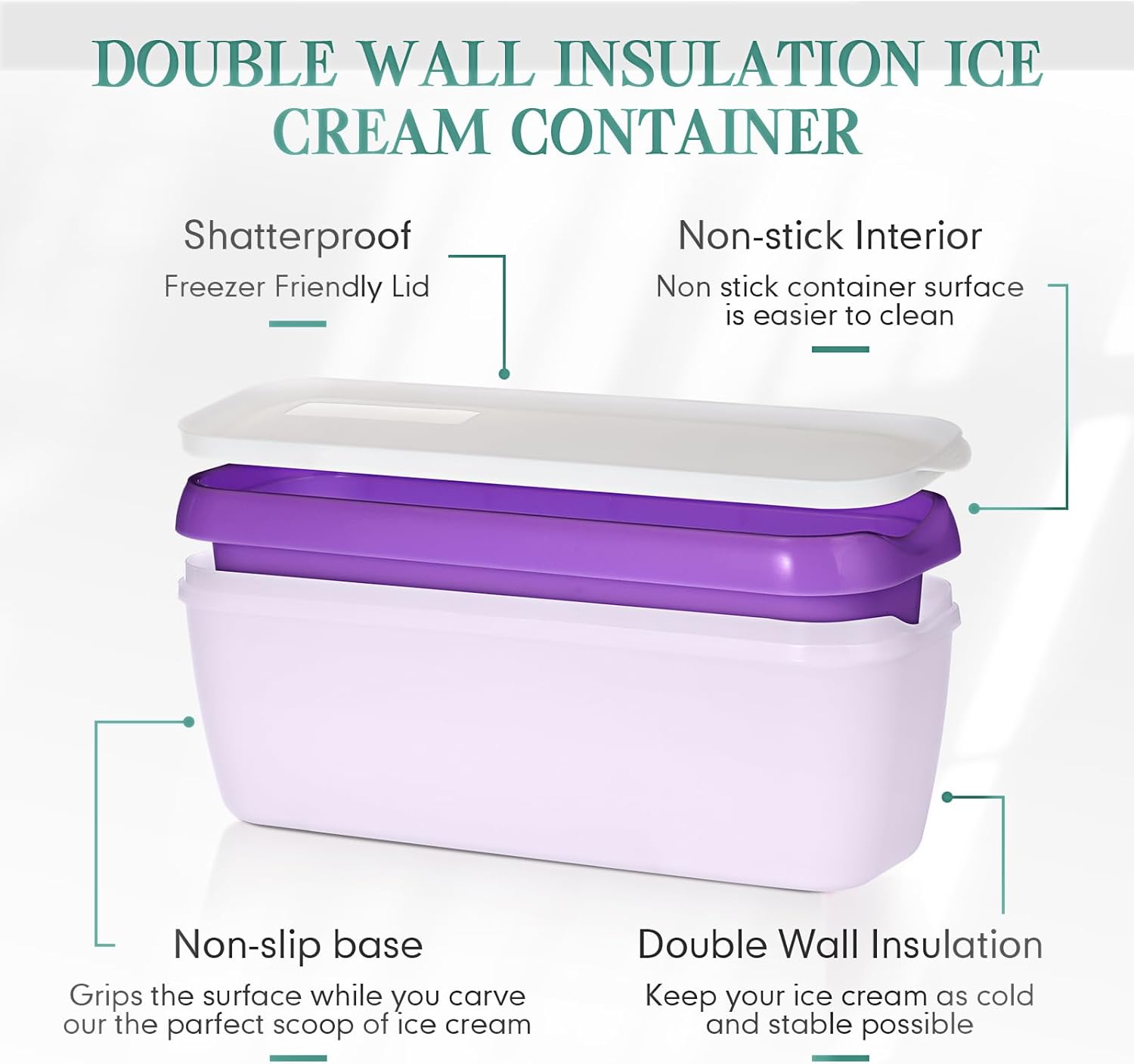 Nuenen 2 Pcs Reusable Ice Cream Containers with Lids and a Scoop 1.5 Quarts Plastic Rectangle Dessert Storage Tubs Homemade Ice Cream Storage Containers for Freezer Kitchen Refrigerator (Purple,Red) - Image 2