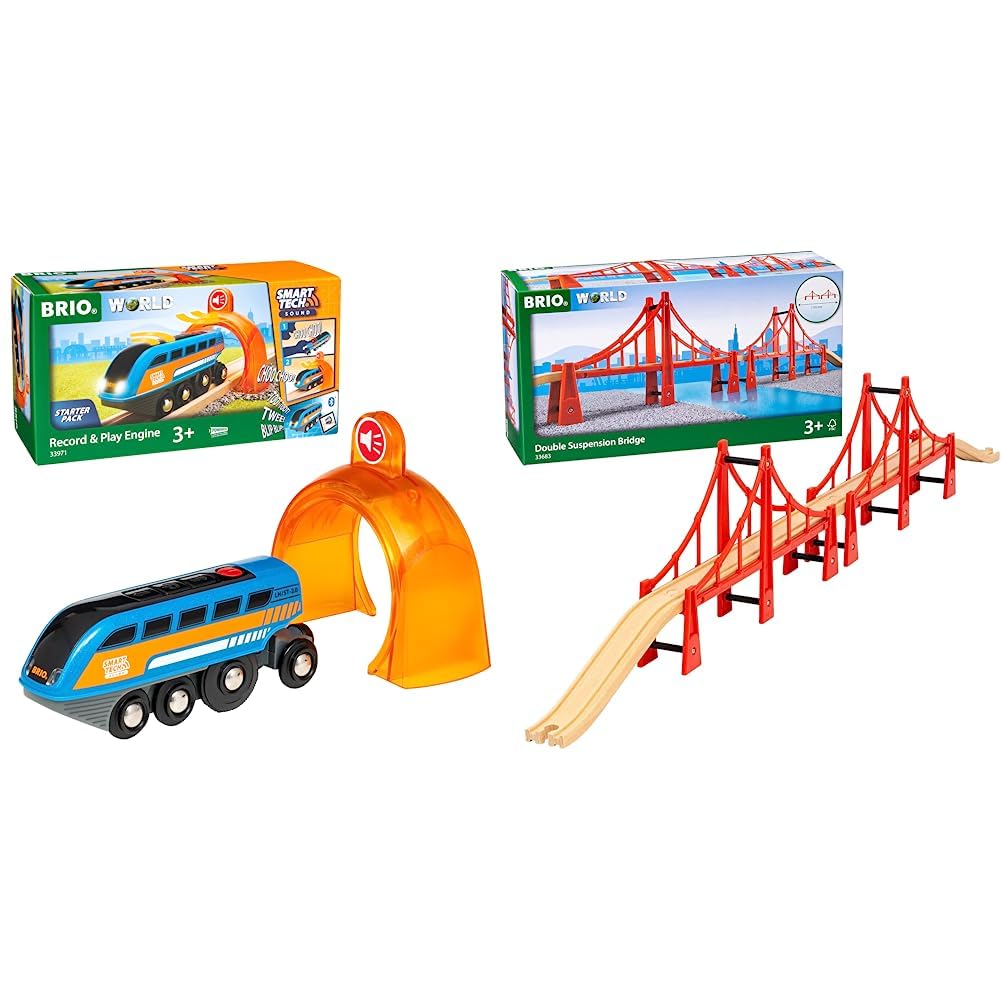 BRIO World 33971 Smart Tech Sound Lok mit Aufnahmefunktion Elektrischer Zug & World 33683 - Hängebrücke - Eisenbahnzubehör Holzeisenbahn