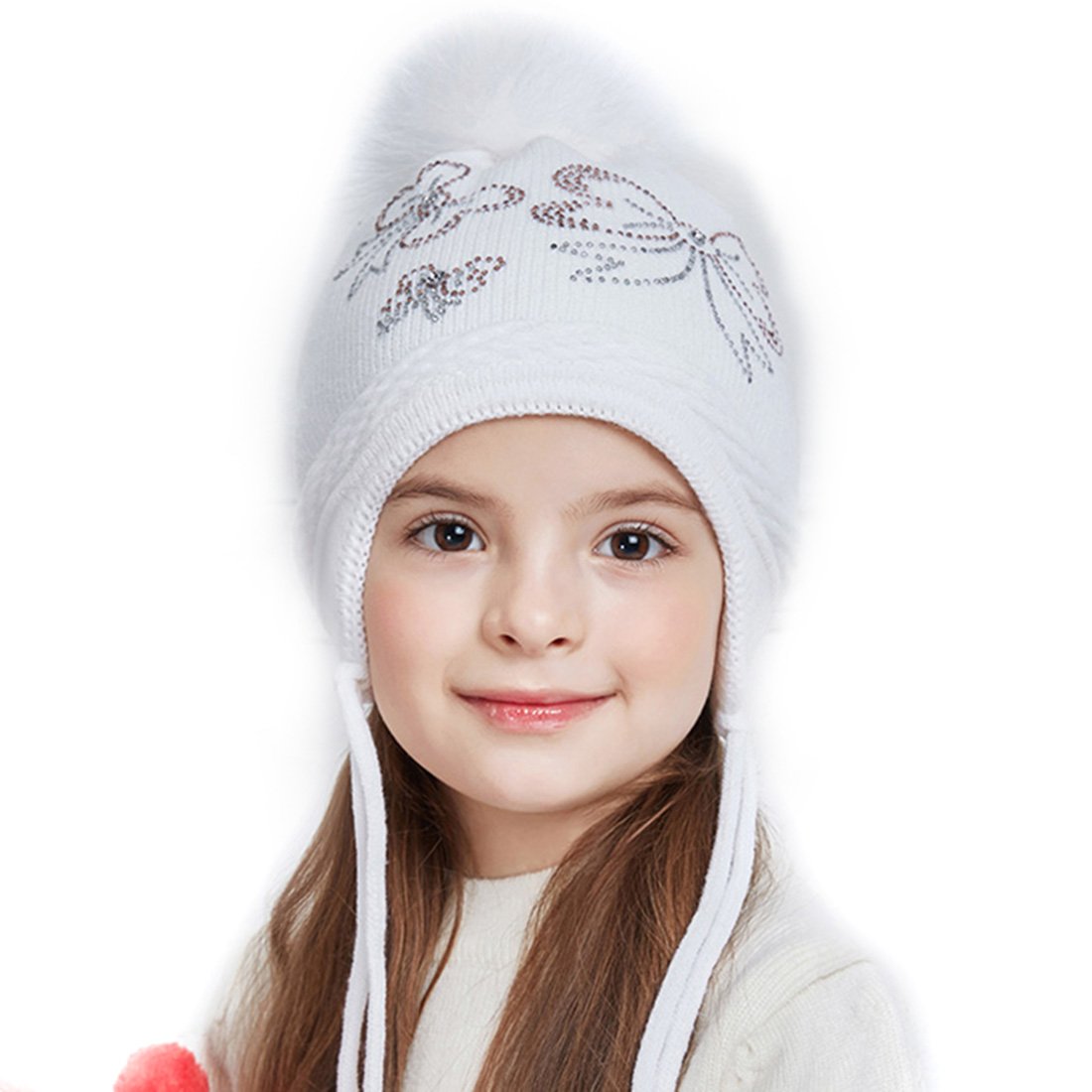 URSFUR Winter Earflap Cap Girls Peruvian Hat Knit Beanie with Fox Ball Pom Bow-Knot Decoration White