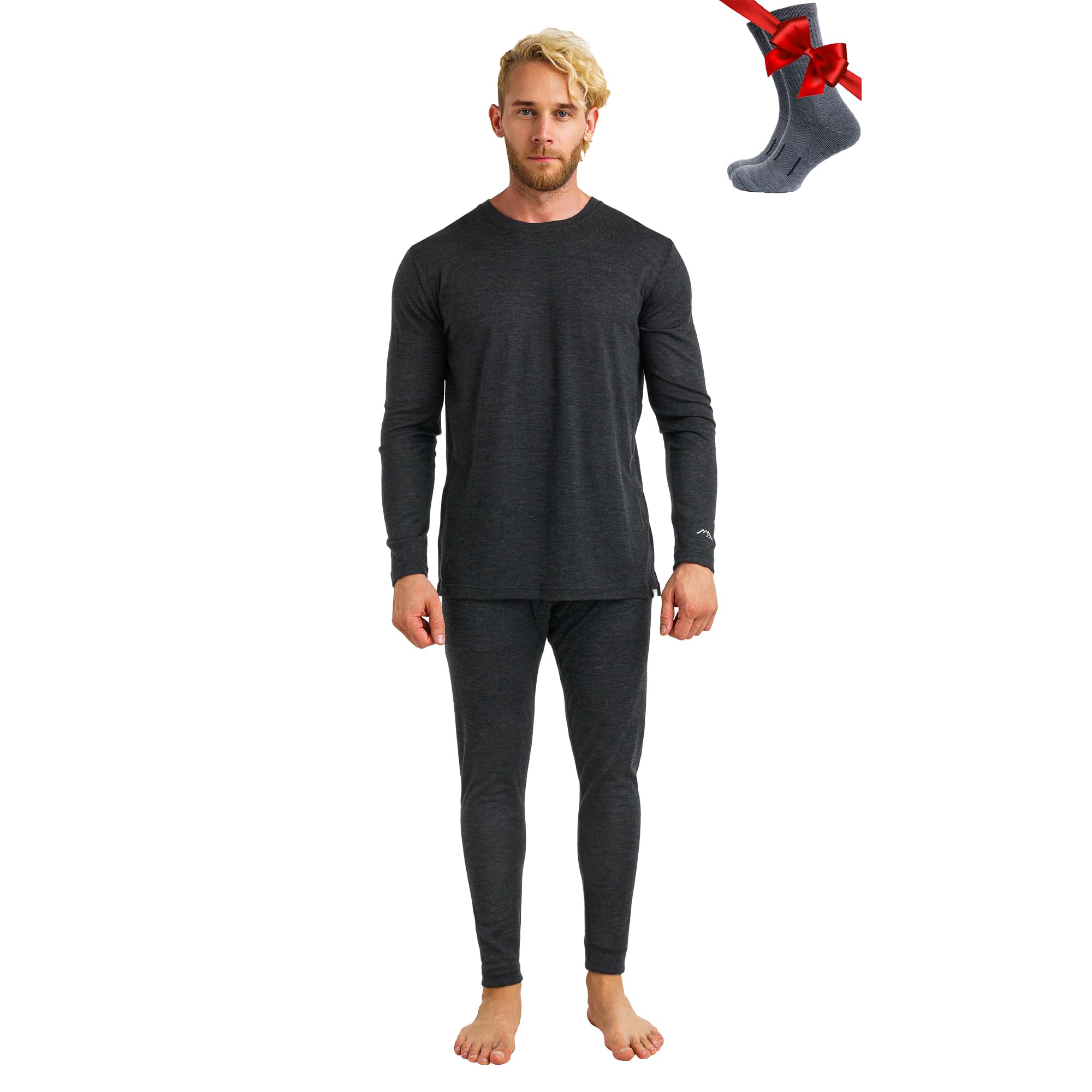 Merino.tech Merino Wool Base Layer Men Set - Merino Thermal Underwear Mens Top and Bottom Lightweight, Midweight, Heavyweight (Small, 165 LITE Heathered Black)