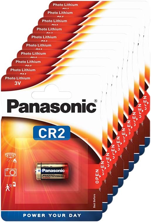 Panasonic CR2 cylindrical lithium battery for high power-consuming lightweight appliances such as smoke alarms, intruder alarm systems, head lamps, cameras, 3V, 10 packs (10 batteries)