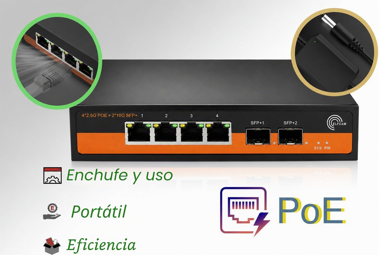 Elfcam® - 10Gbps Fibre Optic Switch Compatible with Cisco, with 2 x 10G SFP+ Puertos y 4 x 2.5 Gigabit Ethernet RJ45 PoE Ports, Plug & Play Unmanaged (2 x 10Gb SFP+ Puertos y 4 x 2.5G RJ45 PoE)