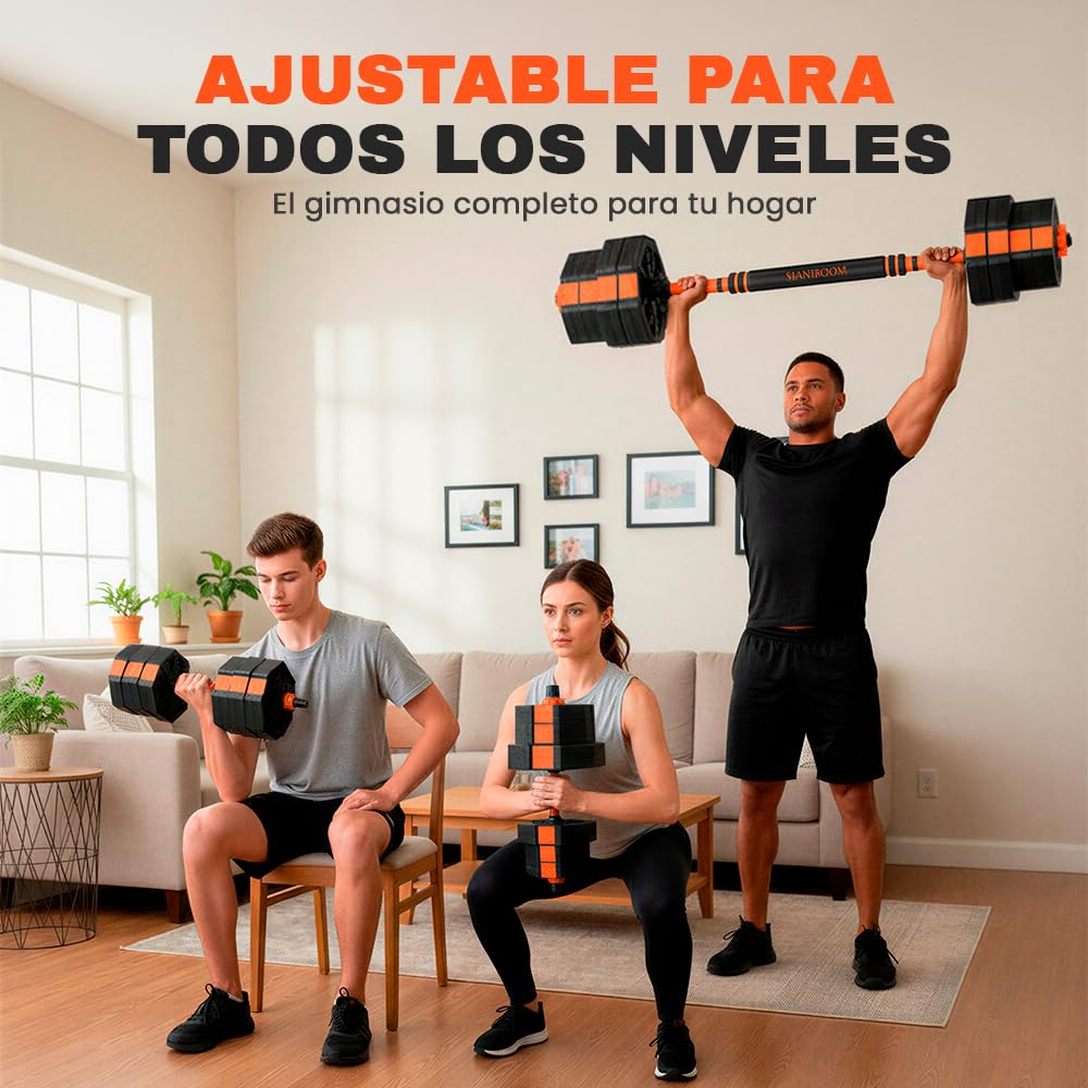 ManiBoom Pesas y Mancuernas Ajustables - Kit de Pesas Ajustables con Barra y Cierre de Seguridad - Equipo de Entrenamiento Progresivo para Toda la Familia