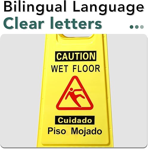 Miniatura 3 de XPCARE Letrero de suelo mojado de precaución de 24 pulgadas, paquete de 4 letreros de advertencia de seguridad bilingües amarillos de doble cara,